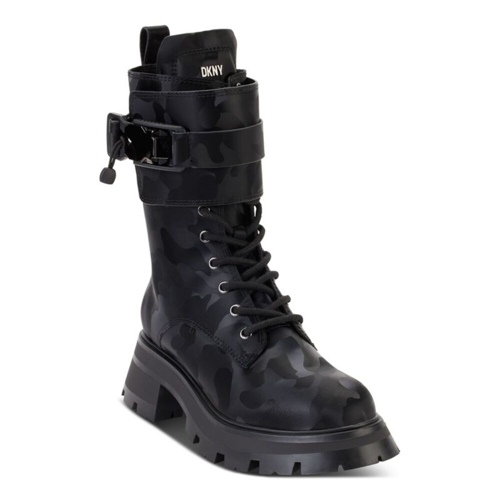 DKNY Womens Black 1-1/2" Platform Sava Toe Block Heel Leather Combat Boots 5.5